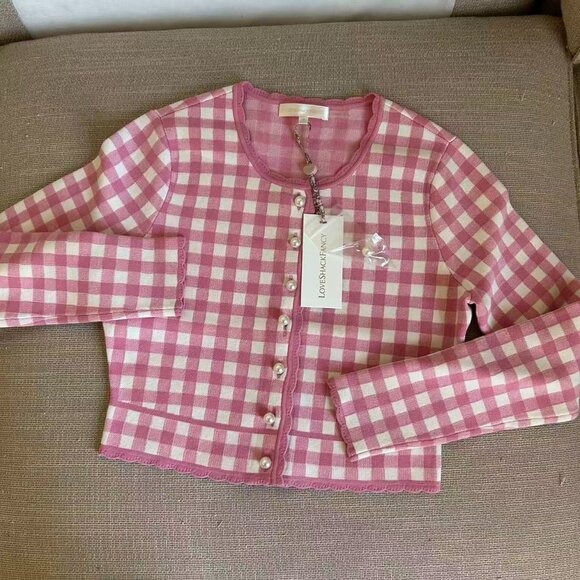 NWT LoveShackFancy Bridgette Checkered Knit Cardigan XSmall Pink Pearl Plaid - Picture 5 of 11